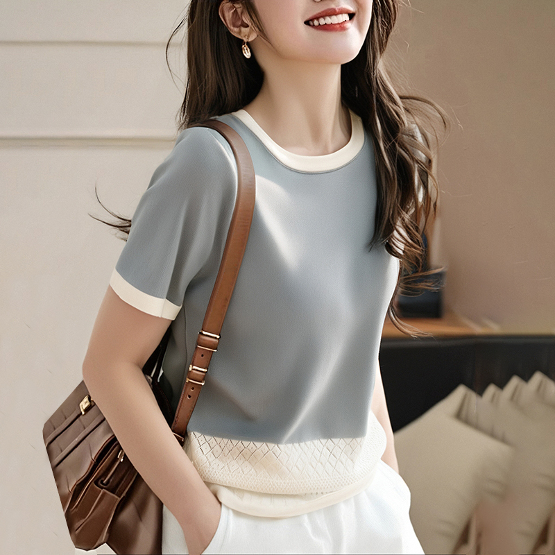 Round neck splice summer mixed colors crochet tops for women