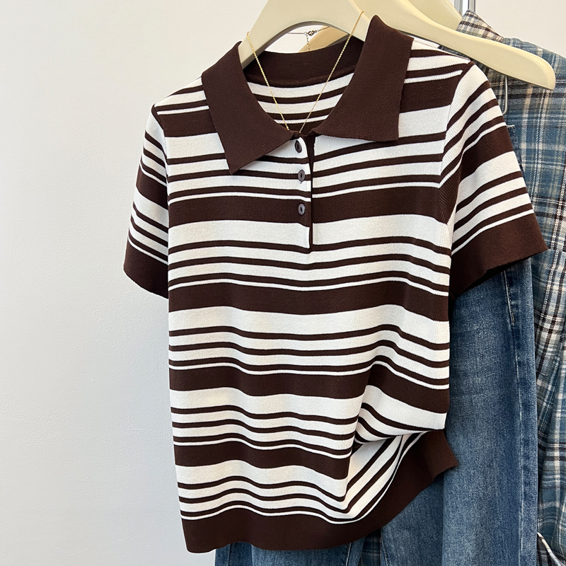 Stripe lapel T-shirt summer retro shirts