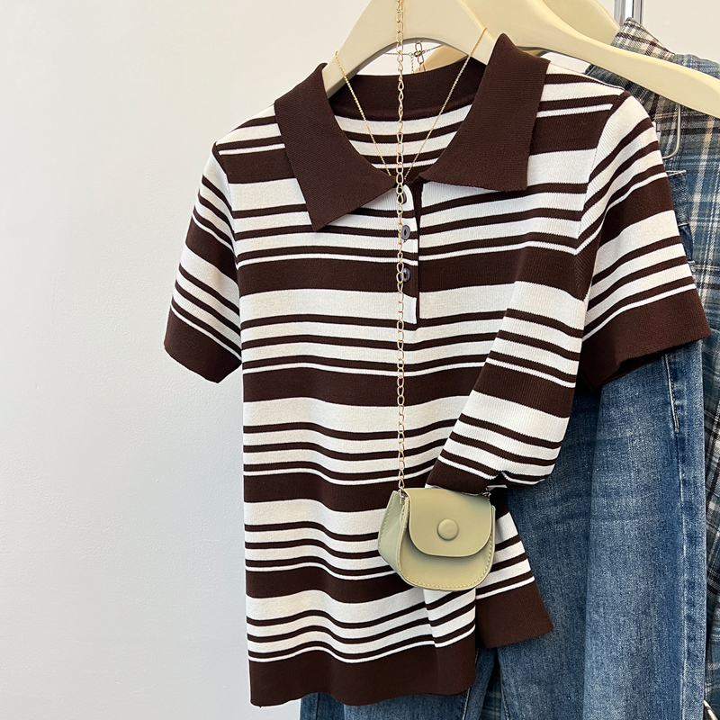 Stripe lapel T-shirt summer retro shirts