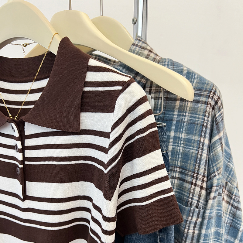Stripe lapel T-shirt summer retro shirts
