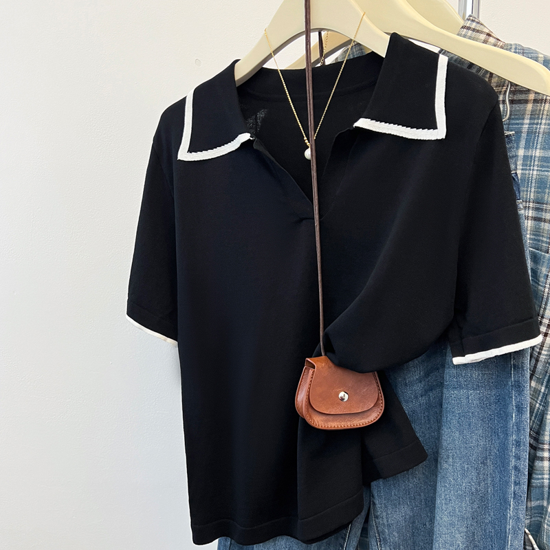 Lapel knitted tops short sleeve summer T-shirt
