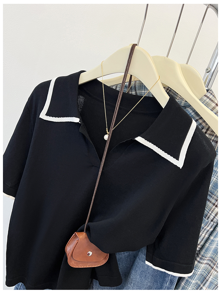 Lapel knitted tops short sleeve summer T-shirt