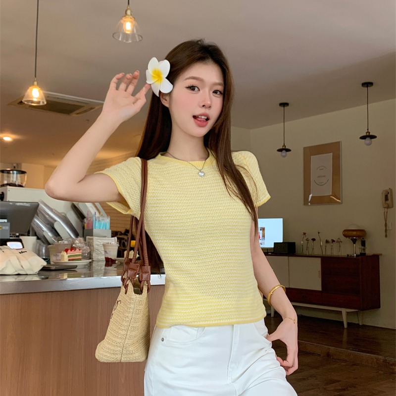 All-match simple unique sweater temperament yellow tops for women