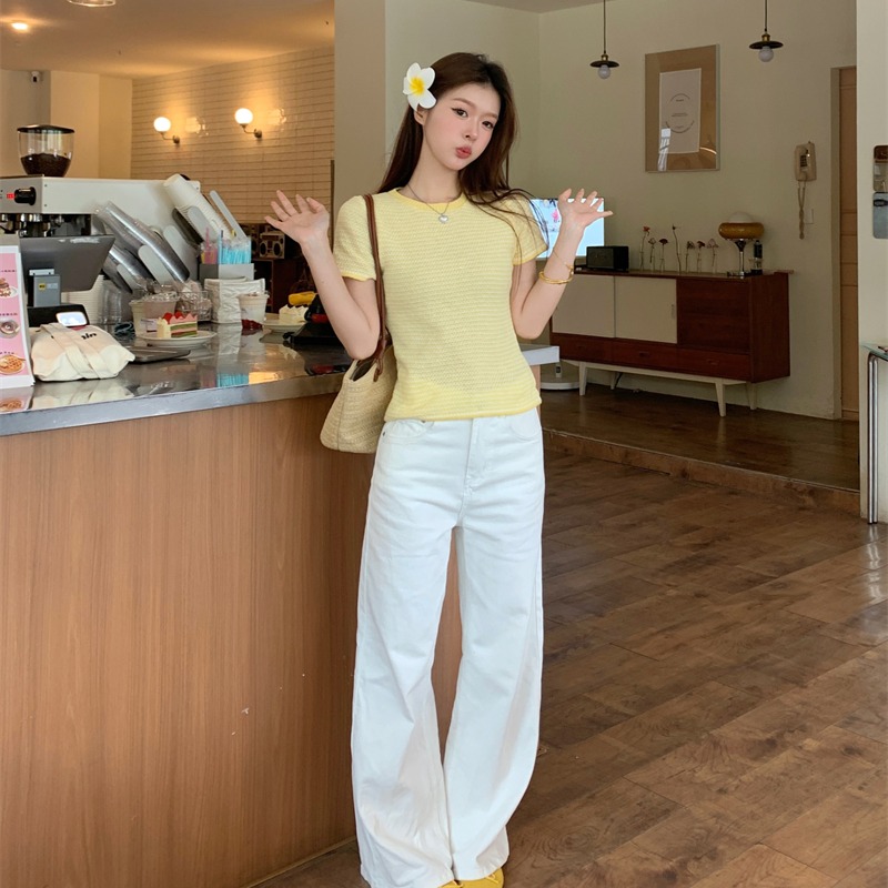 All-match simple unique sweater temperament yellow tops for women
