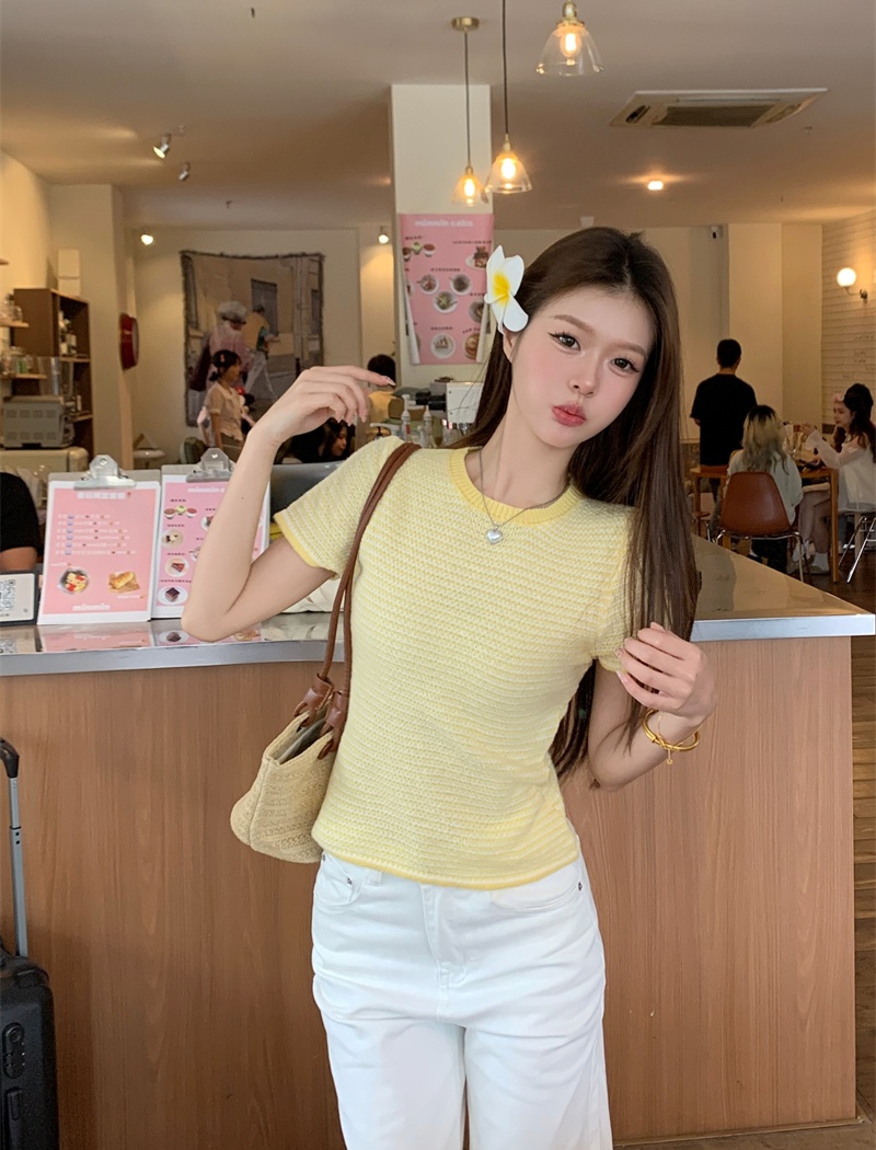 All-match simple unique sweater temperament yellow tops for women