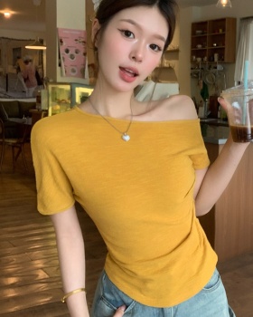 Strapless all-match pure tops oblique collar slim T-shirt