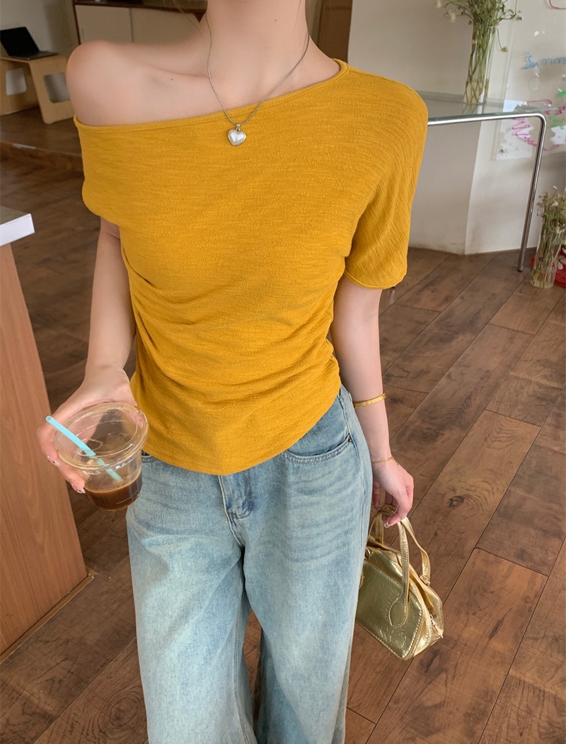 Strapless all-match pure tops oblique collar slim T-shirt