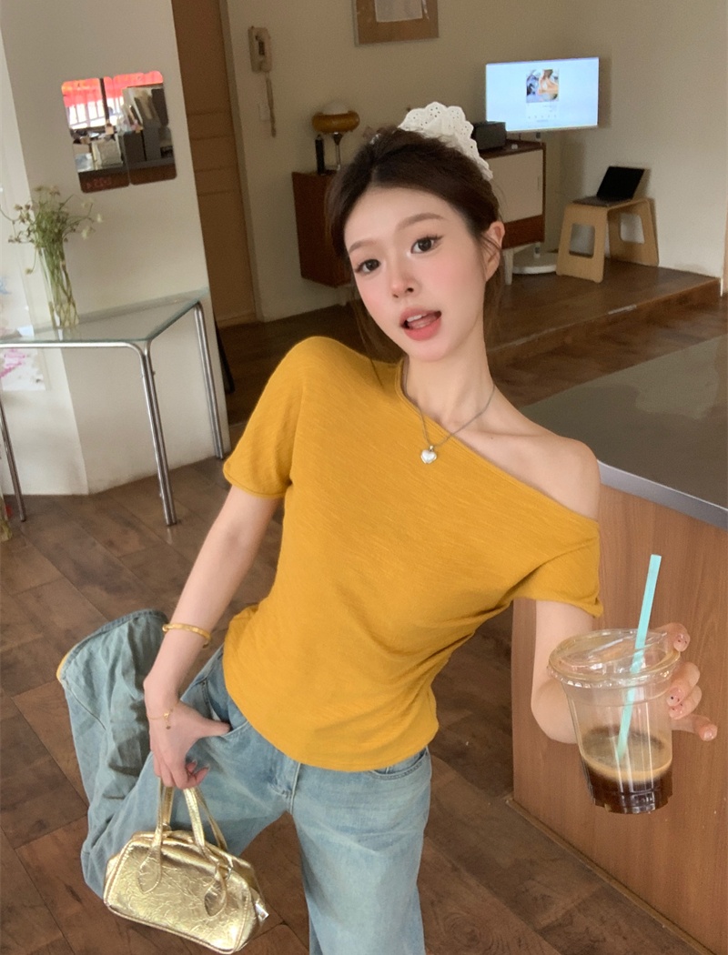 Strapless all-match pure tops oblique collar slim T-shirt