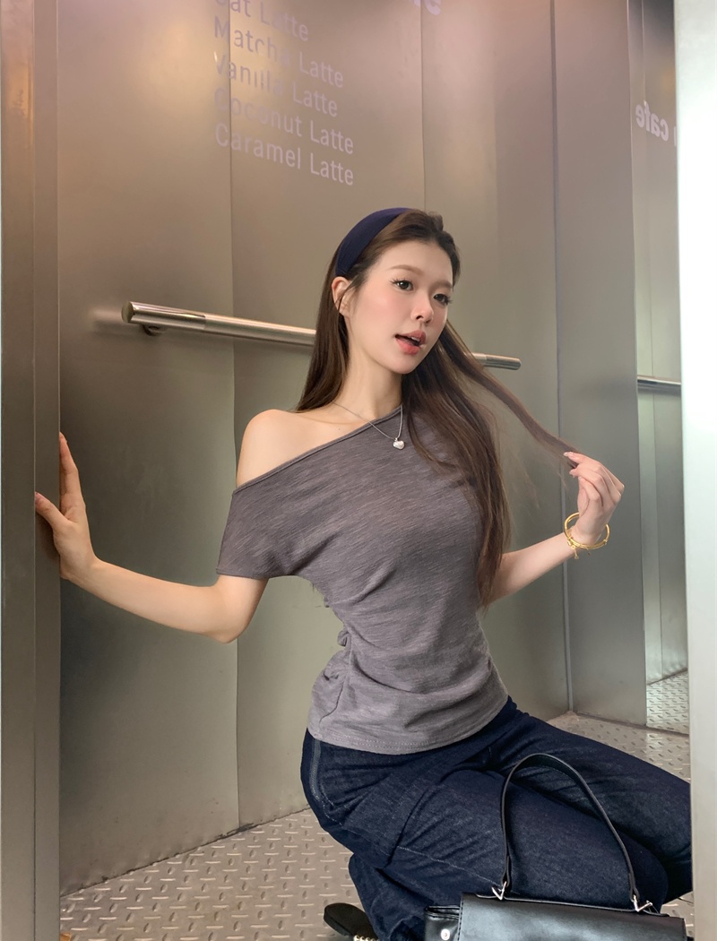 Strapless all-match pure tops oblique collar slim T-shirt