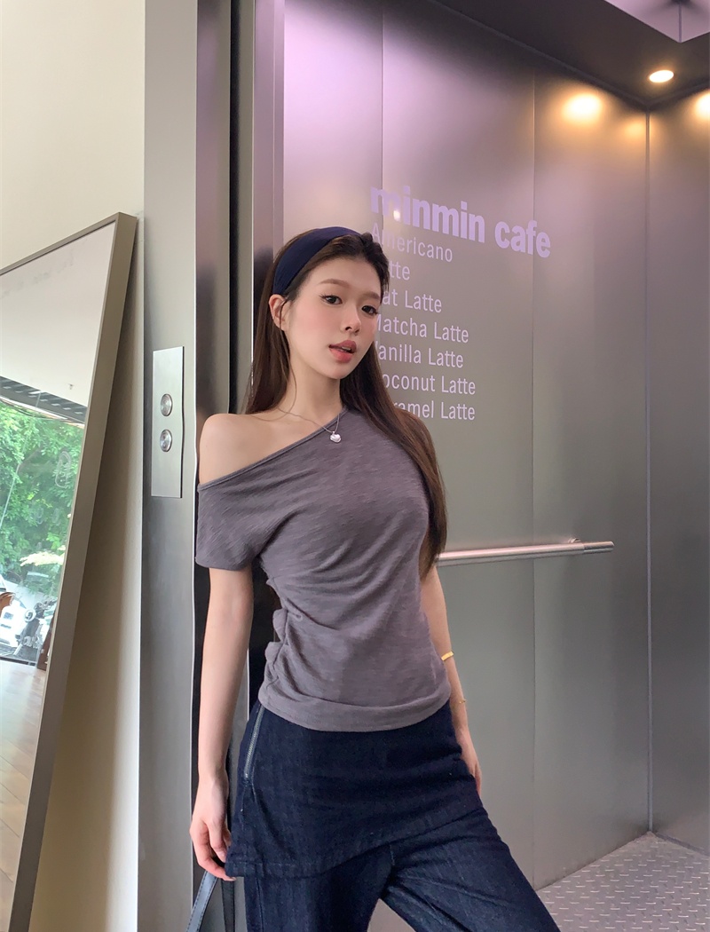 Strapless all-match pure tops oblique collar slim T-shirt