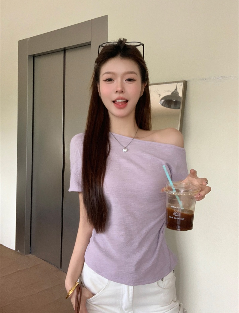 Strapless all-match pure tops oblique collar slim T-shirt