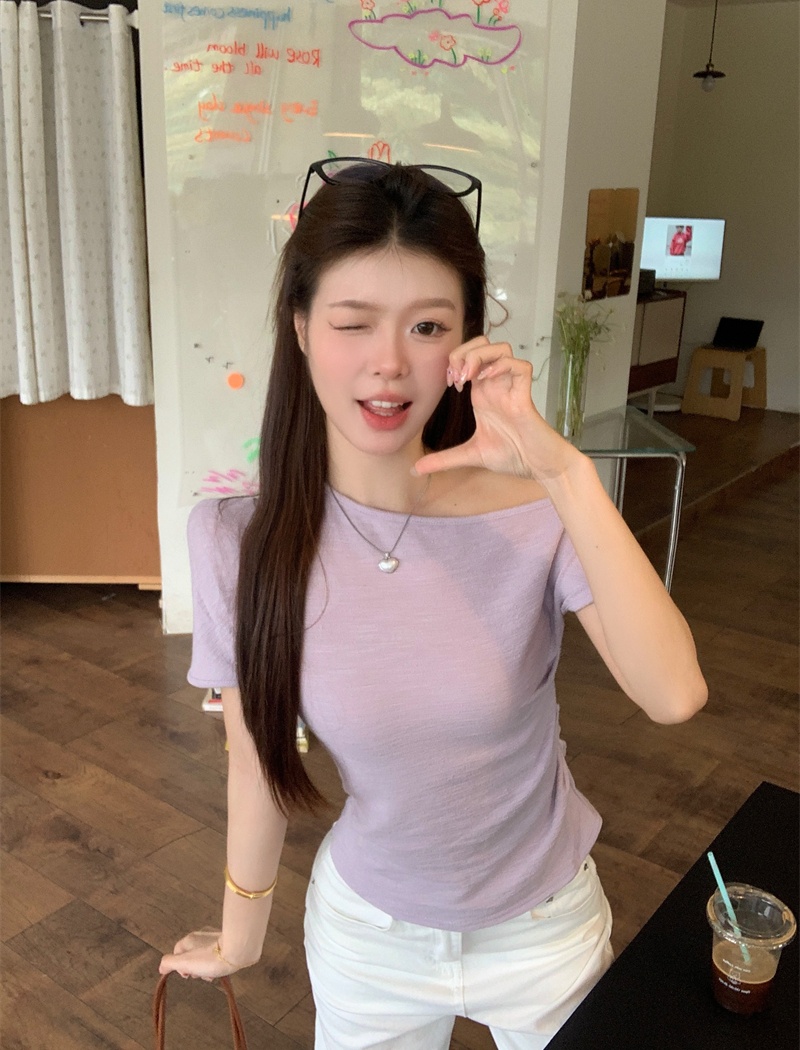 Strapless all-match pure tops oblique collar slim T-shirt