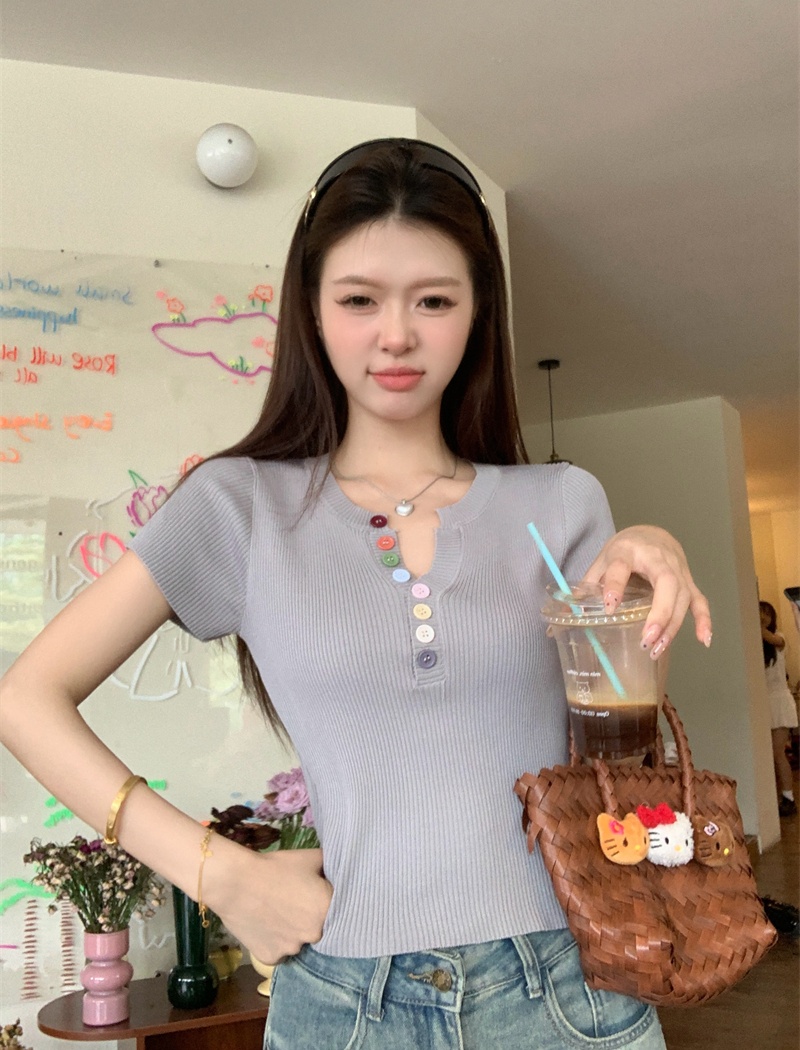 V-neck single-breasted tops short sleeve sweater