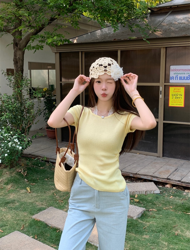 Pseudo-two lace tops summer short sleeve sweater for women