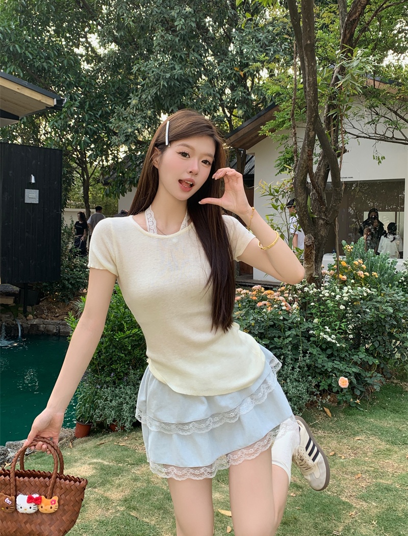Pseudo-two lace tops summer short sleeve sweater for women