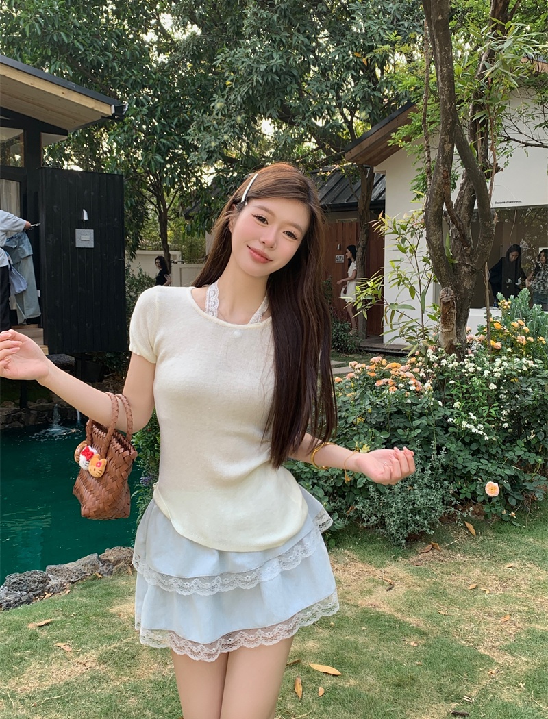 Pseudo-two lace tops summer short sleeve sweater for women