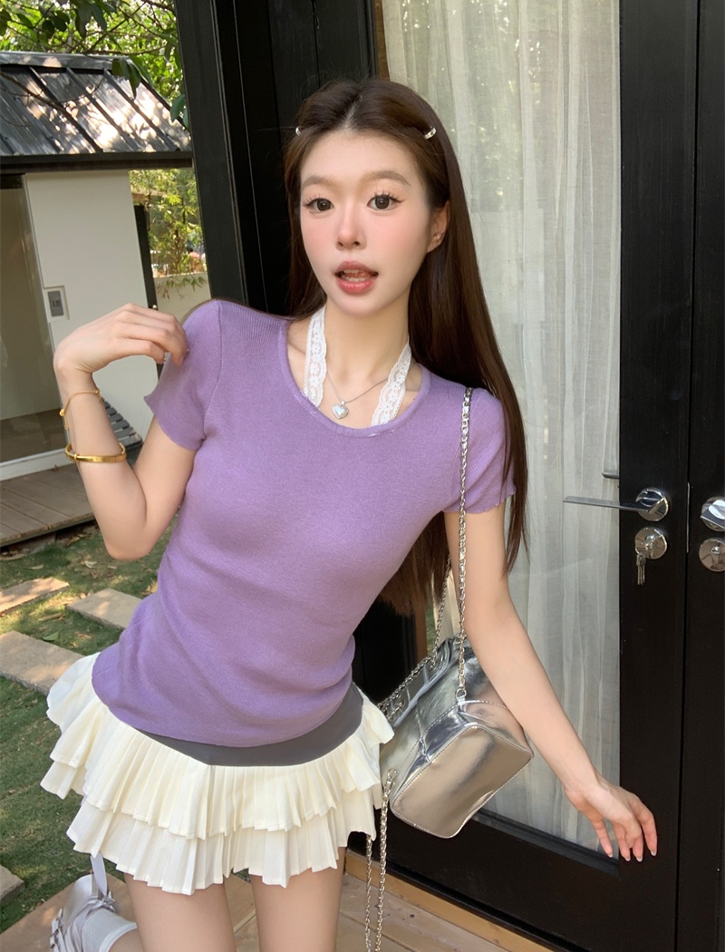Pseudo-two lace tops summer short sleeve sweater for women