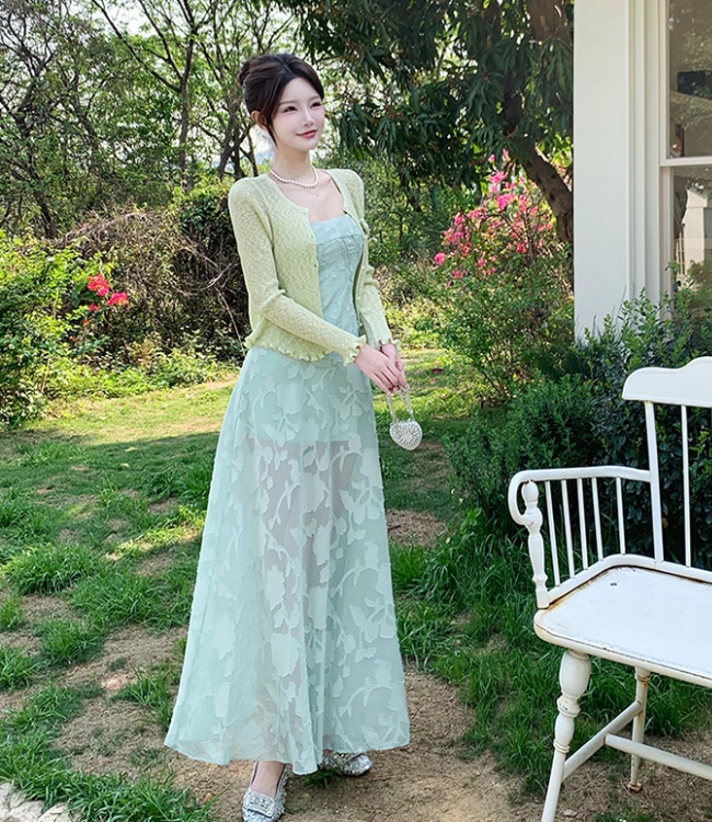 Pinched waist dress France style tops 2pcs set for women