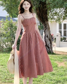 Retro summer slim long dress plaid France style dress