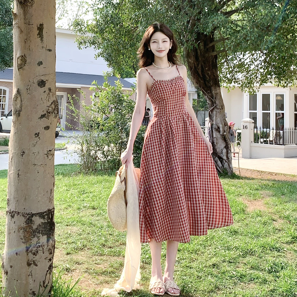 Retro summer slim long dress plaid France style dress