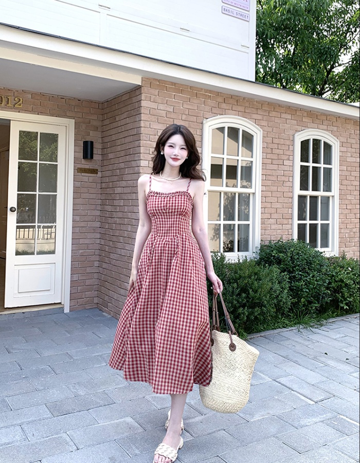 Retro summer slim long dress plaid France style dress