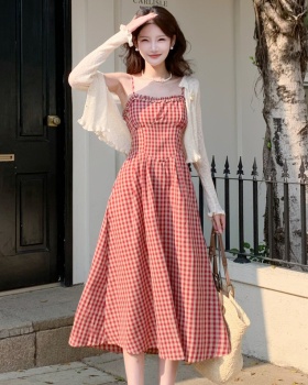 France style apricot cardigan slim plaid long dress a set