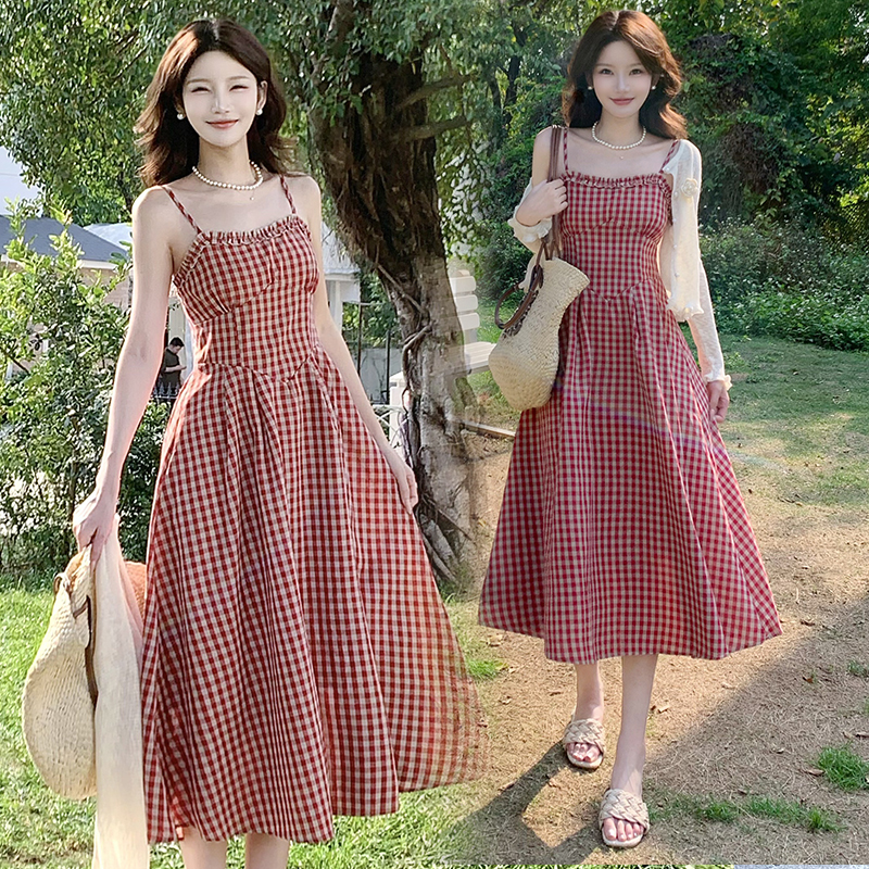 France style apricot cardigan slim plaid long dress a set