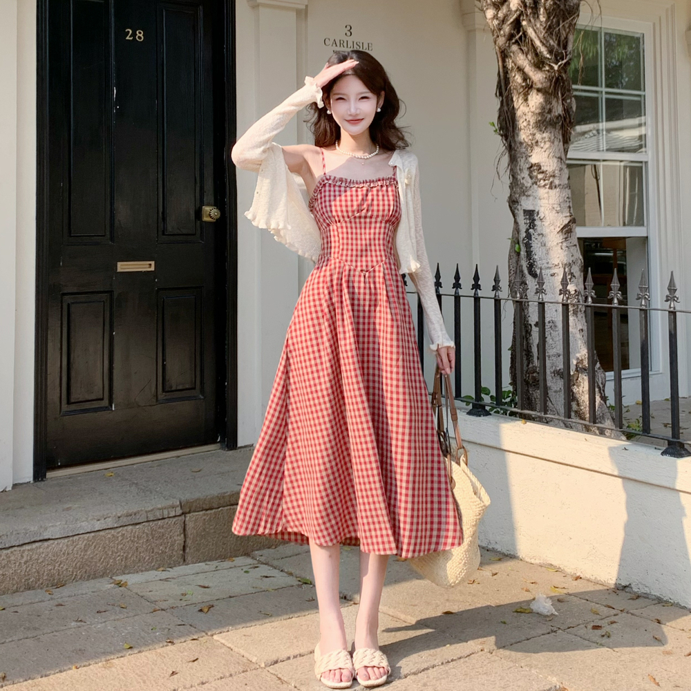 France style apricot cardigan slim plaid long dress a set