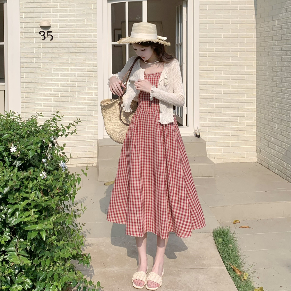 France style apricot cardigan slim plaid long dress a set