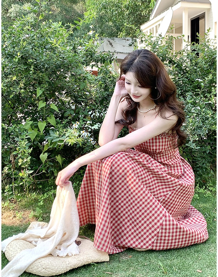 France style apricot cardigan slim plaid long dress a set