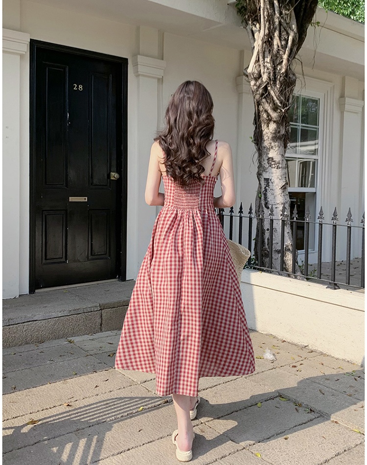 France style apricot cardigan slim plaid long dress a set