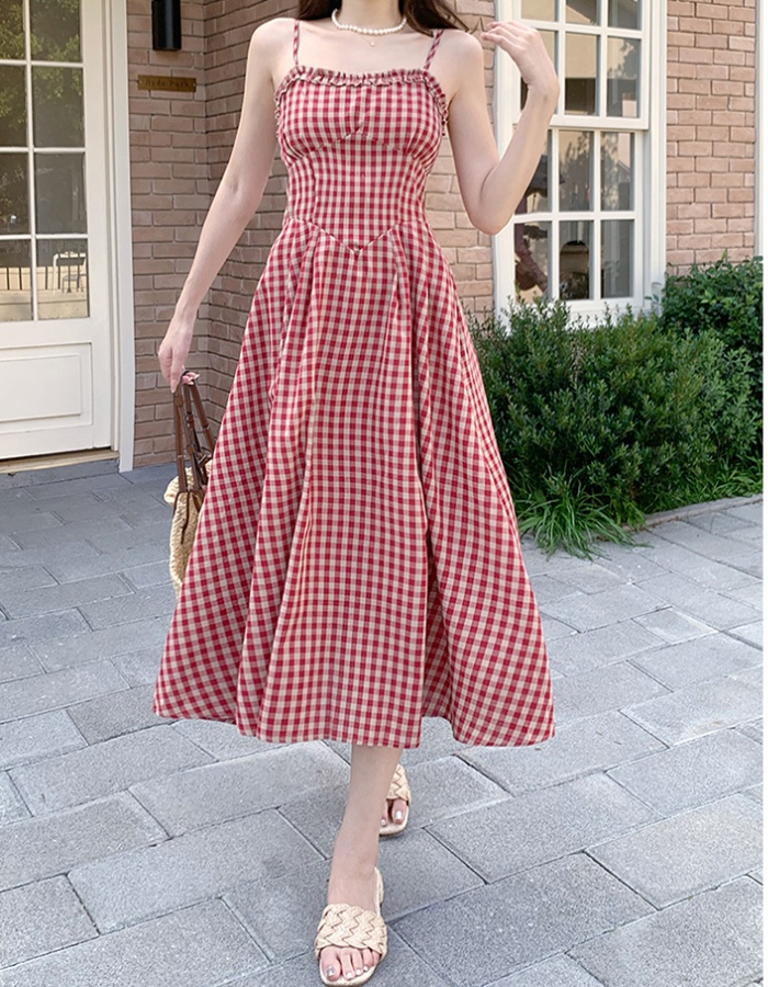 France style apricot cardigan slim plaid long dress a set