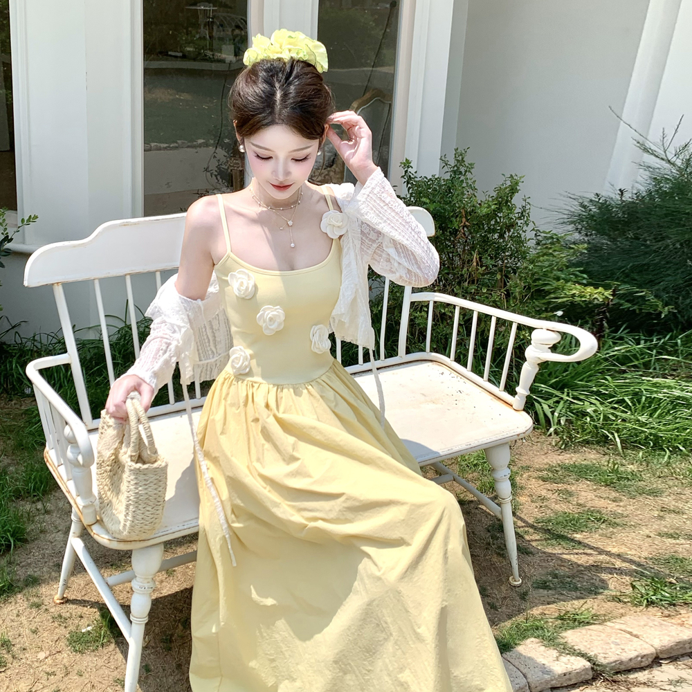 Stereoscopic yellow long dress large yard dress for women
