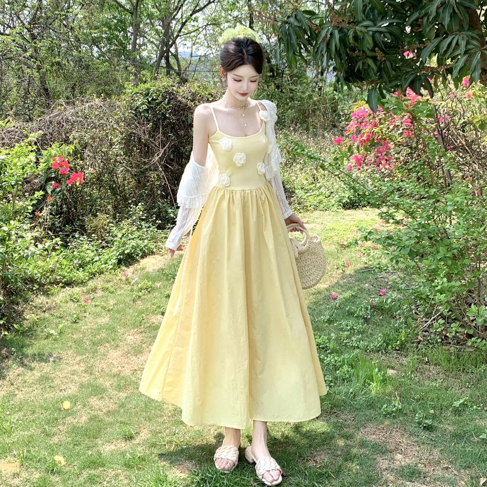 Stereoscopic yellow long dress large yard dress for women
