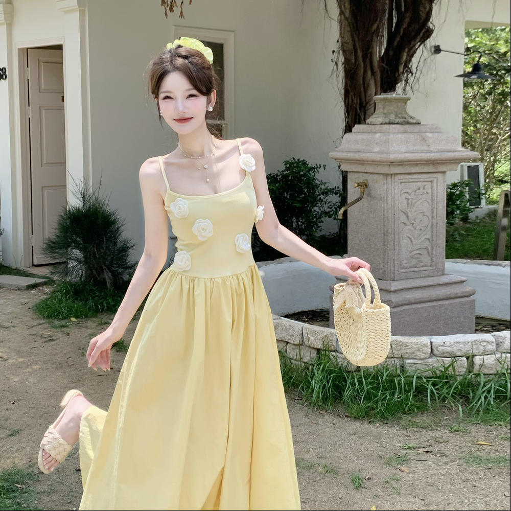 Stereoscopic yellow long dress large yard dress for women