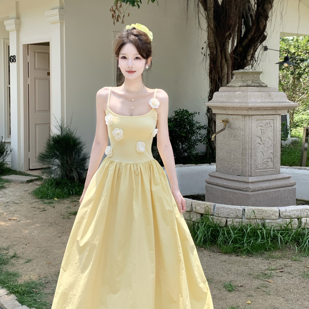 Stereoscopic yellow long dress large yard dress for women