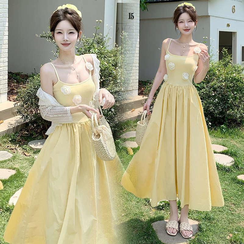Stereoscopic yellow long dress large yard dress for women