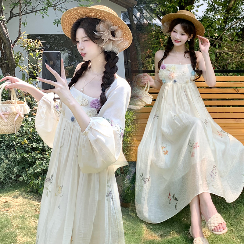 Vacation embroidery dress sling summer shawl a set