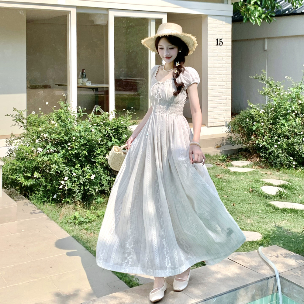 Large yard summer dress France style embroidery long dress