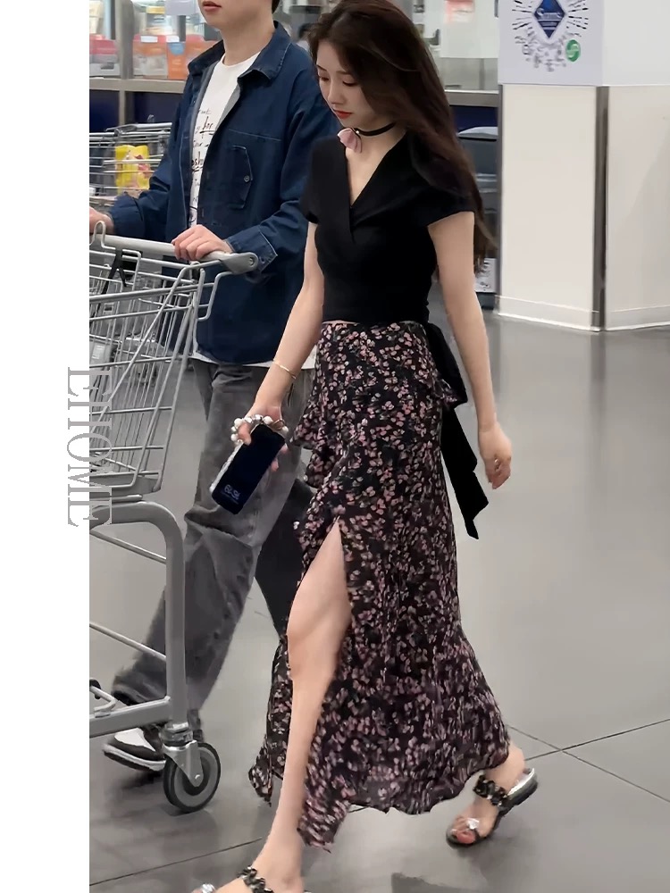 A-line long floral temperament summer skirt