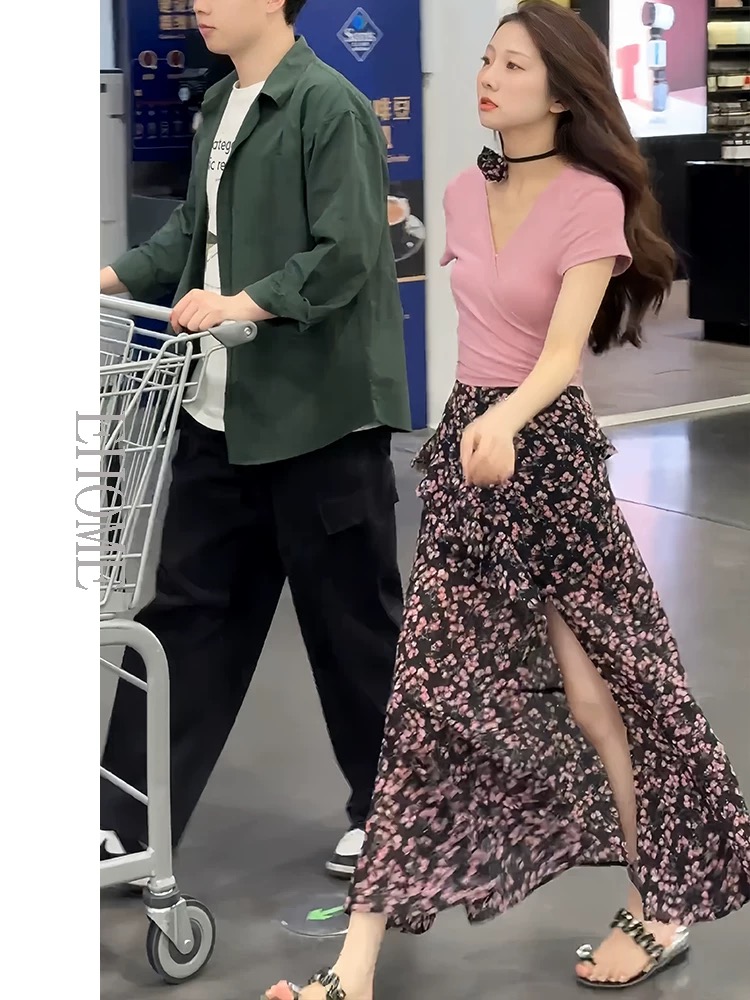 A-line long floral temperament summer skirt