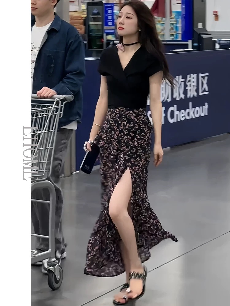 A-line long floral temperament summer skirt