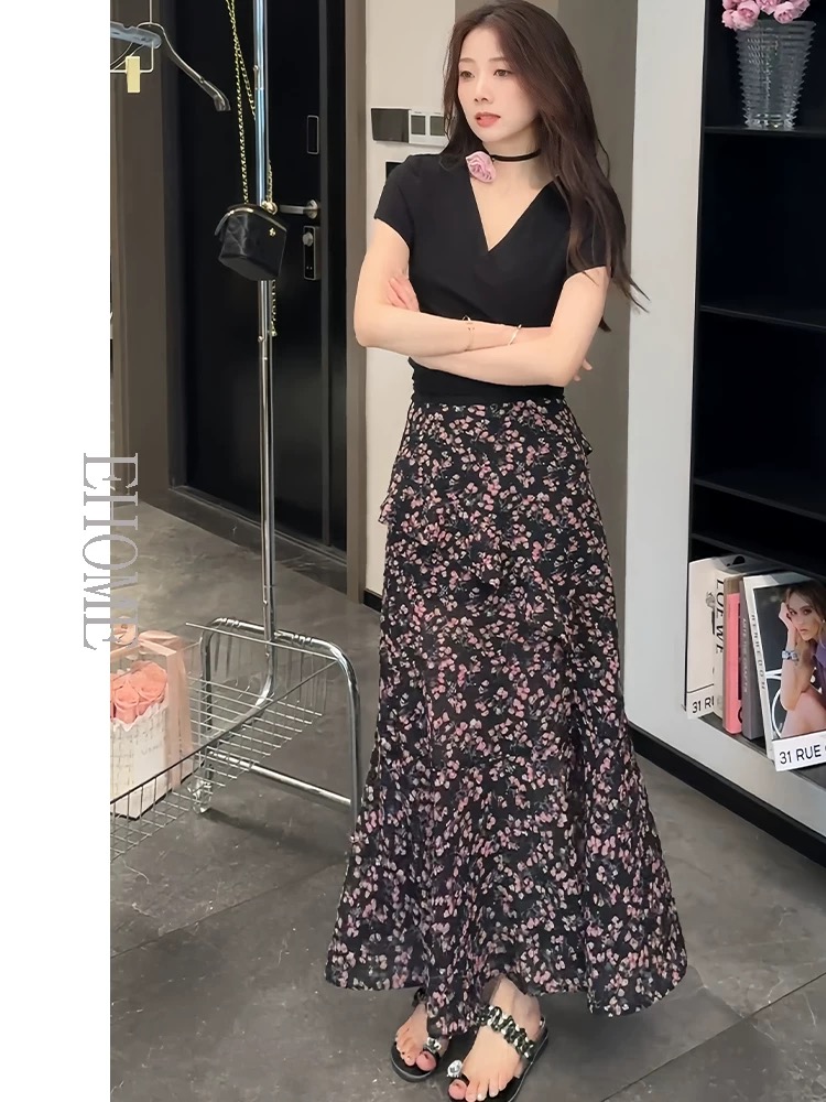 A-line long floral temperament summer skirt
