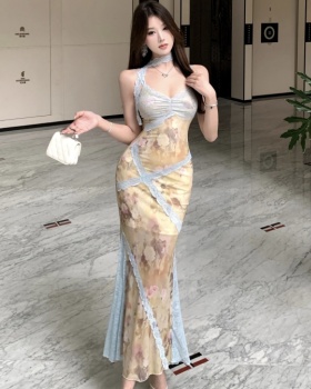 Lace commuting splice long lady gauze sling dress