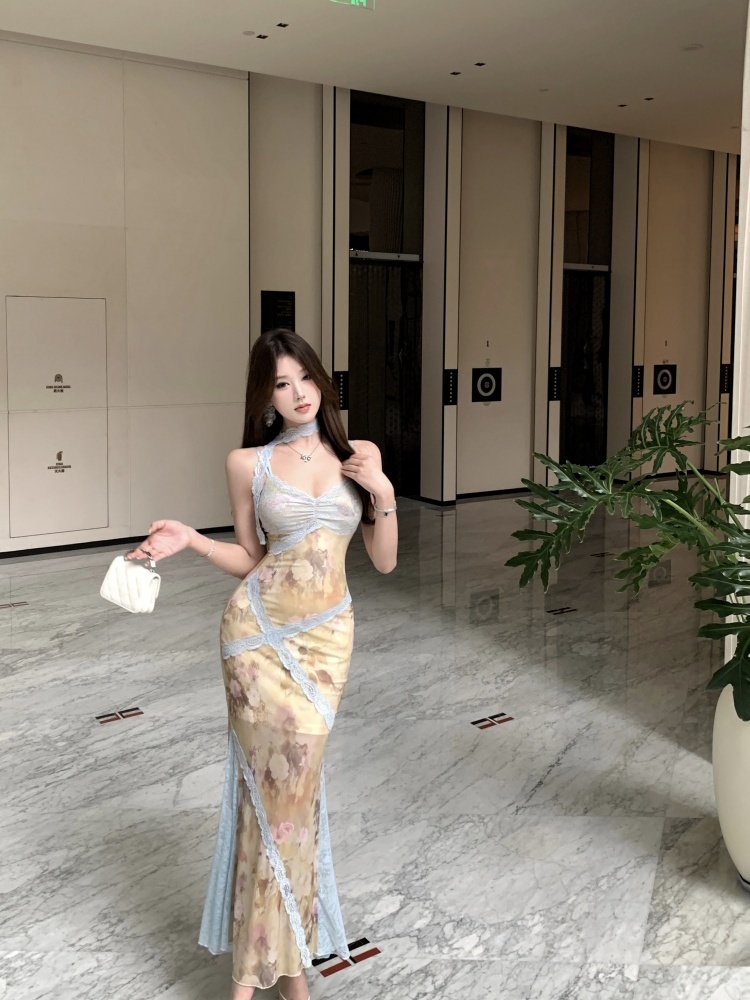 Lace commuting splice long lady gauze sling dress