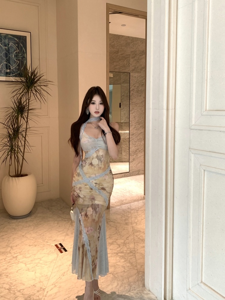 Lace commuting splice long lady gauze sling dress