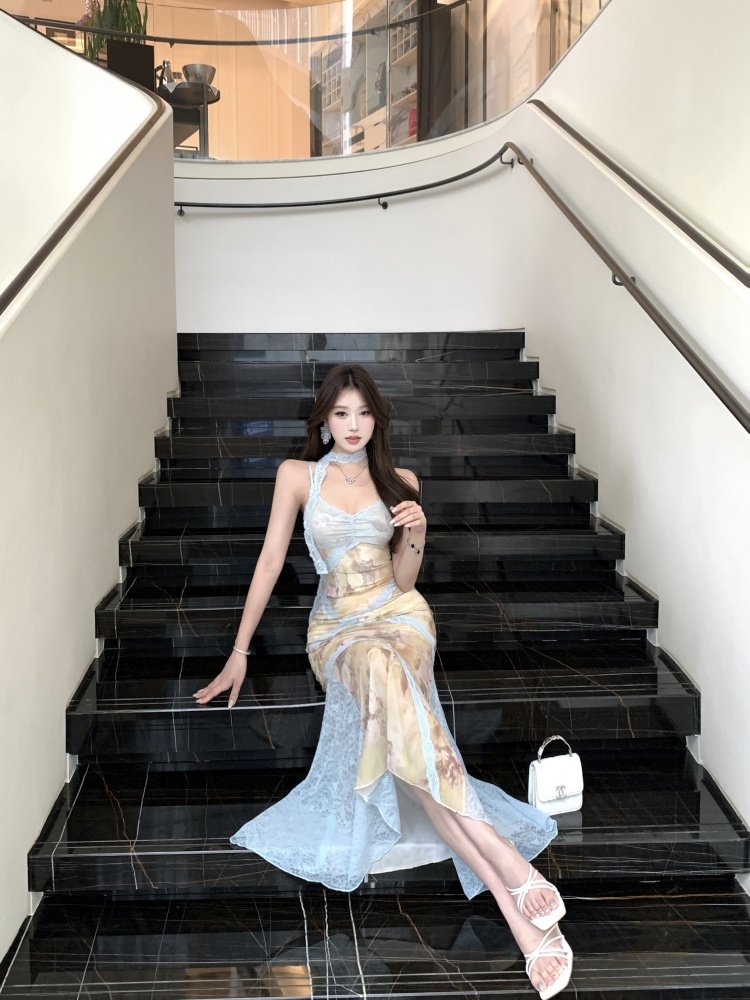 Lace commuting splice long lady gauze sling dress