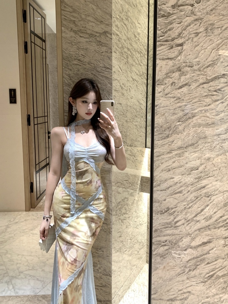 Lace commuting splice long lady gauze sling dress