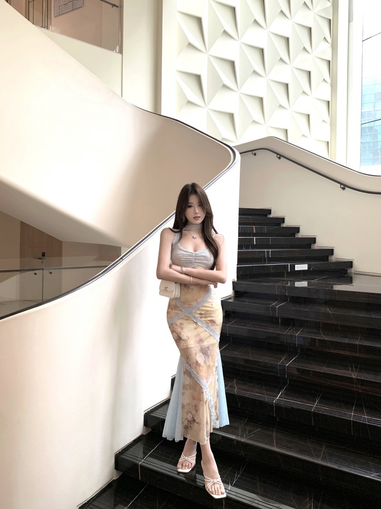 Lace commuting splice long lady gauze sling dress