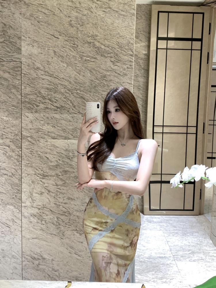 Lace commuting splice long lady gauze sling dress